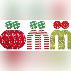 Red Ho Ho Ho Print Candy Striped Christmas Earring Set 3 pair